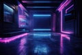 The dark stage shows, empty dark blue, purple, pink background, neon light, spotlights. AI generated Royalty Free Stock Photo