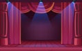 Dark stage for theater with red velvet drapery curtain with spotlight for drama, cinema, movie, show, performance Royalty Free Stock Photo