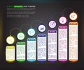 Dark stairs infographic design template with 7 multi colored successively connected circular elements with icons, and text boxes.