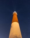 Starry night sky over the Barnegat Lighthouse on the Jersey shore. Royalty Free Stock Photo