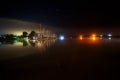 Dark starry night sky scene over the marina in Elsfleth, Germany Royalty Free Stock Photo