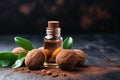 Dark stone background with nutmeg essential oil Royalty Free Stock Photo