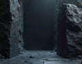 Dark stone pathway leads into cavernous opening framed by rough, grey rock formations. Empty platform creates dramatic, deep Royalty Free Stock Photo
