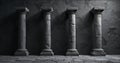 Dark stone pillars of varying heights on textured background represent strength, stability. Ancient architecture, temple, stone Royalty Free Stock Photo