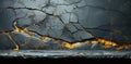 Dark stone surface with a close up of a gold crack in a wall. Elegant background for design, advertising