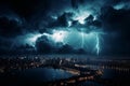 Dark storm clouds gathering over a city skyline, with flashes of lightning illuminating the sky. Generative AI Royalty Free Stock Photo