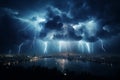 Dark storm clouds gathering over a city skyline, with flashes of lightning illuminating the sky. Generative AI Royalty Free Stock Photo