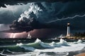 Dark Storm Clouds Gathering Over Turbulent Sea Waves: Lightning Streaking Across the Sky, Sailboat Battling Nature\'s Fury Royalty Free Stock Photo