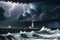 Dark Storm Clouds Gathering Over Turbulent Sea Waves: Lightning Streaking Across the Sky, Sailboat Battling Nature\'s Fury Royalty Free Stock Photo