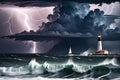 Dark Storm Clouds Gathering Over Turbulent Sea Waves: Lightning Streaking Across the Sky, Sailboat Battling Nature\'s Fury Royalty Free Stock Photo