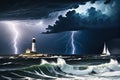 Dark Storm Clouds Gathering Over Turbulent Sea Waves: Lightning Streaking Across the Sky, Sailboat Battling Nature\'s Fury Royalty Free Stock Photo