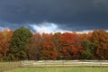 Dark storm clouds over Autumn trees and pasture Royalty Free Stock Photo