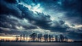 Dark storm clouds over a line of trees in a field. Generative AI Royalty Free Stock Photo