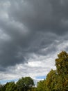 dark storm clouds swirl over the trees in the city center. Clouds in the sky.