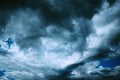 Dark Storm Cloudy Rainy Sky With Rain Heavy Clouds. Sky Natural Background. Weather Forecast Concept. heavy raging Royalty Free Stock Photo