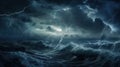 Dark stormy ocean and lightning strikes during rainfall. Moonlight glowing through turbulent clouds. Dramatic sea. Generative AI Royalty Free Stock Photo