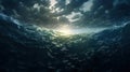 Dark stormy ocean with waves and splashes of water, in dim sunlight. Light glowing through turbulent clouds. Generative AI