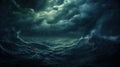 Dark stormy sea during rainfall. Moonlight glowing through turbulent clouds. Dramatic murky ocean. Generative AI Royalty Free Stock Photo