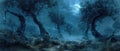 Dark strange spooky forest, scary fairy tale woods at night, landscape with moon, dry trees and mystic light. Concept of fantasy, Royalty Free Stock Photo