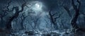 Dark strange spooky forest, scary fairy tale woods at night, surreal landscape with dry crooked trees and moon. Concept of fantasy Royalty Free Stock Photo