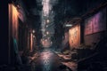 Dark street in cyberpunk city, gloomy alley with garbage, generative AI Royalty Free Stock Photo