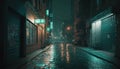 Dark street in cyberpunk city, gloomy alley with green lighting, generative AI