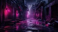 Dark street in cyberpunk city, gloomy alley with neon light in rain