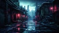 Dark street in cyberpunk city, gloomy dirty alley in rain at dusk Royalty Free Stock Photo