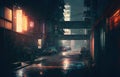 Dark street in cyberpunk city, image of gloomy road like watercolor style, generative AI