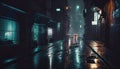 Dark street in cyberpunk city, lane with gloomy buildings in future, generative AI