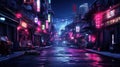 Dark street in cyberpunk city at night, buildings with neon lights Royalty Free Stock Photo