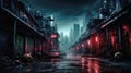 Dark street in cyberpunk city at night, old gloomy industrial dirty wet alley. Industrial vintage buildings with neon light in