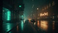 Dark street in cyberpunk city, scenery of neon and gloomy buildings in rain, generative AI