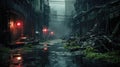 Dark street in dystopian city in rain, gloomy dirty alley with buildings overgrown with grass and plants. Scenery of cyberpunk