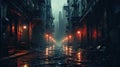 Dark street in dystopian cyberpunk city at night, buildings in rain Royalty Free Stock Photo