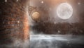 Dark street, a lantern on an old brick wall, a large moon, smoke, smog. Night scene of the old city Royalty Free Stock Photo