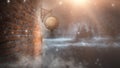 Dark street, a lantern on an old brick wall, a large moon, smoke, smog. Night scene of the old city Royalty Free Stock Photo