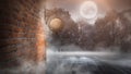 Dark street, a lantern on an old brick wall, a large moon, smoke, smog. Night scene of the old city Royalty Free Stock Photo