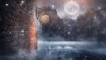 Dark street, a lantern on an old brick wall, a large moon, smoke, smog. Night scene of the old city Royalty Free Stock Photo