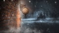 Dark street, a lantern on an old brick wall, a large moon, smoke, smog. Night scene of the old city