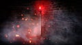 A dark street, a red lantern, a brick wall, smoke, a corner of the building, a lantern shining. Royalty Free Stock Photo