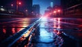 Dark street, reflection of neon light on wet asphalt. Rays of light and red laser light in the dark. Night view of the street,