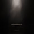 Dark Studio Room with a Black Gloss Pedestal, Spotlight and Light Smoke or Fog. Minimalist Black Product Showcase Background. Royalty Free Stock Photo