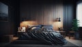 Dark stylish bedroom interior with wooden panel, black bed, Generative AI