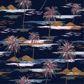 Dark summer night Seamless island pattern Landscape with colorful palm trees,beach and ocean vector hand drawn style Royalty Free Stock Photo