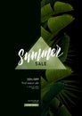 Dark summer poster with banana plam leaves and triangle shape for text. Vector illustration