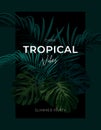 Dark summer tropical background with exotic palm leaves. Vector floral template.