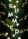 Dark summer tropical design with banana palm leaves and integrated text with light bulb garland. Vector backdrop