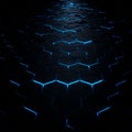 A dark surface comprised of hexagonal tiles, each outlined by a glowing blue light. Th Royalty Free Stock Photo