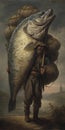 Dark Surreal Art of a Fisherman Carrying a Huge Fish Coming Back Home.